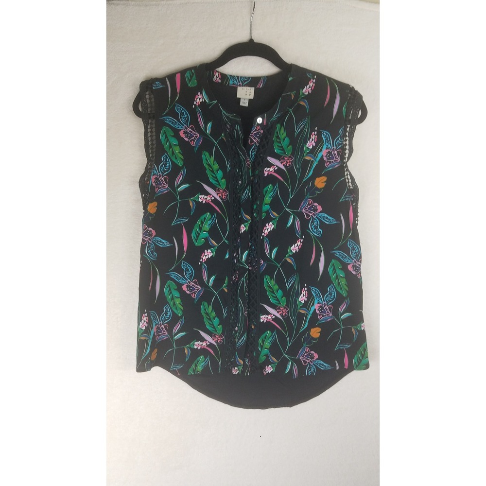 A NEW DAY Black Tropical Floral Lace‎ Trim Sleeveless Blouse Top Women S